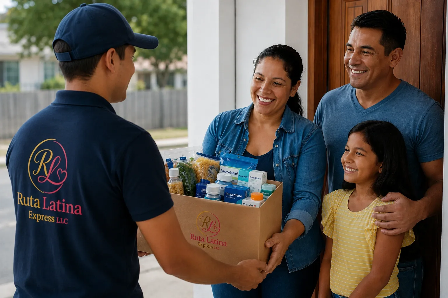 Repartidor de Ruta Latina Express entregando una caja de alimentos y medicinas a una familia